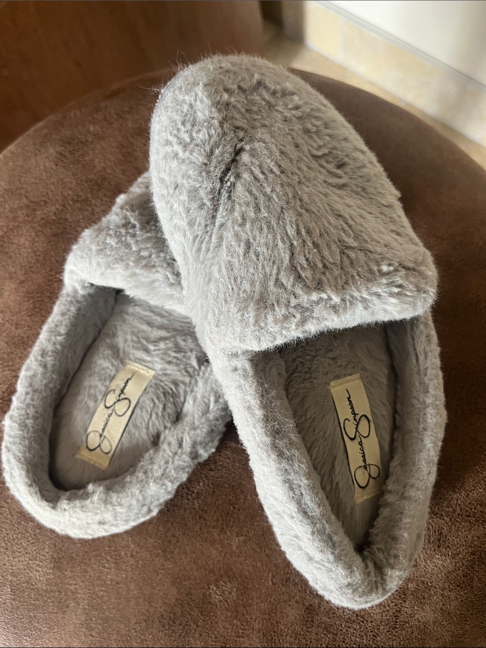 Jessica Simpson Plush Faux-Fur Slippers in Light Gray